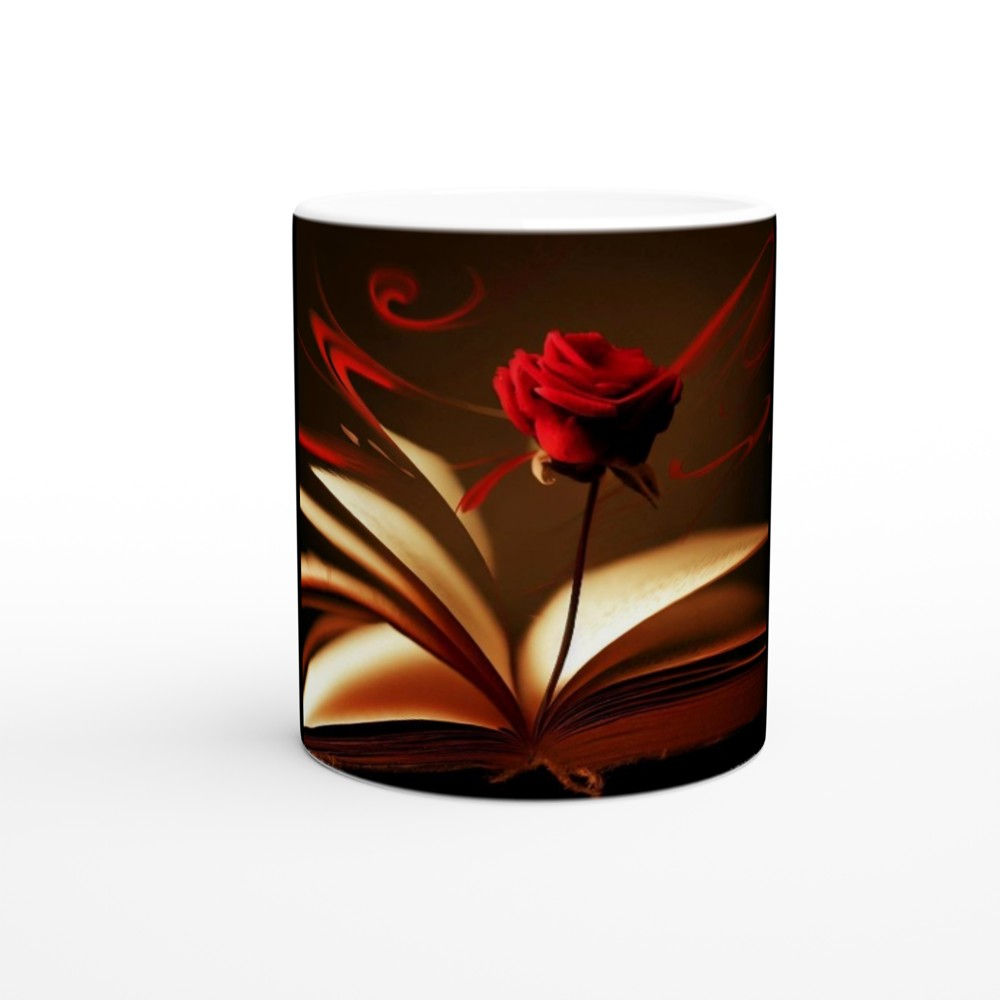 Taza de cerámica blanca de 11 oz rosa libro