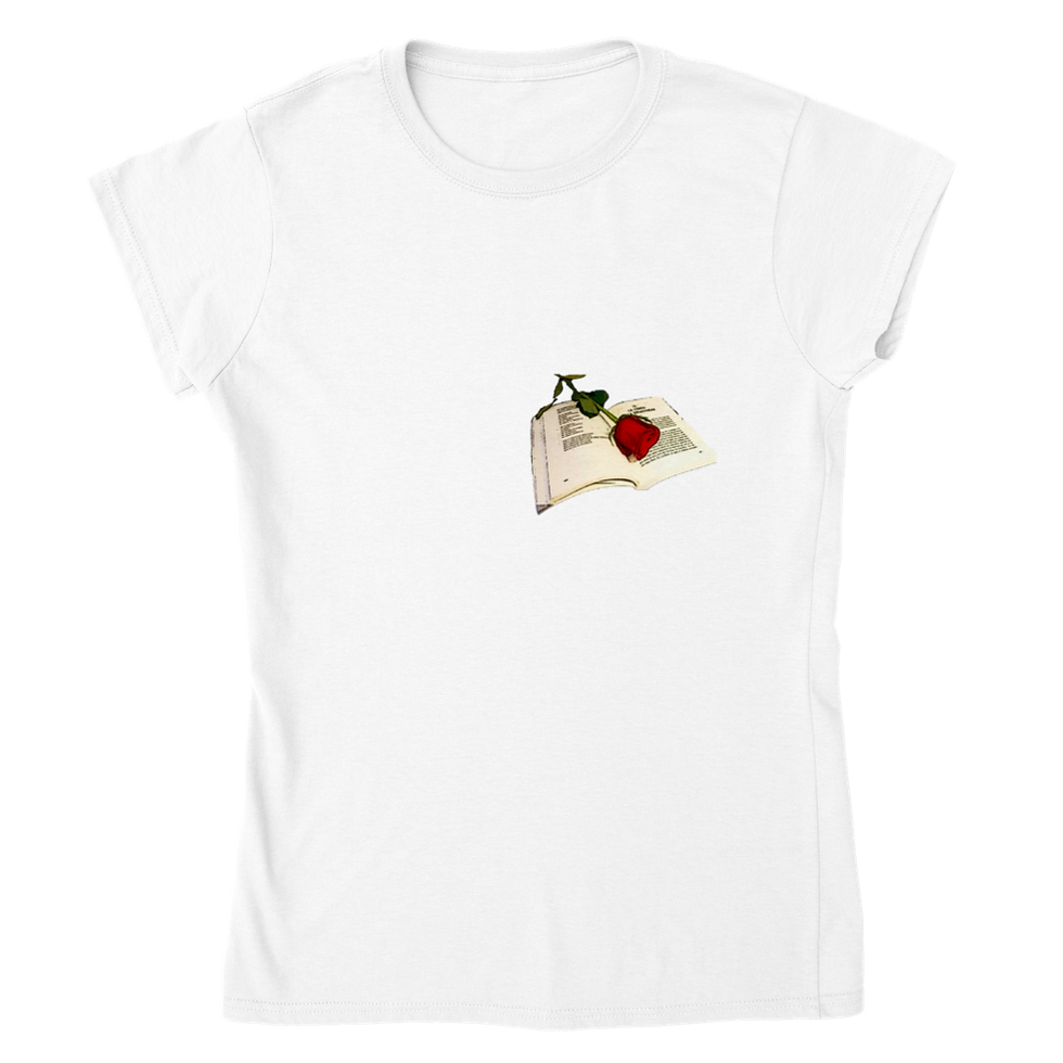 Miniatura: Camiseta libro y rosa de cuello redondo mujer clásica