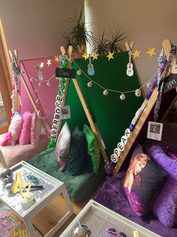 Themed sleepover teepee parties Cardiff setup with lights.