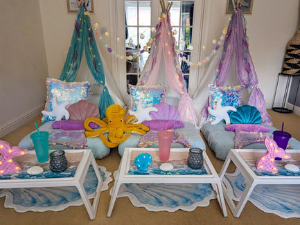 Colourful indoor teepees with mermaid and ocean theme.