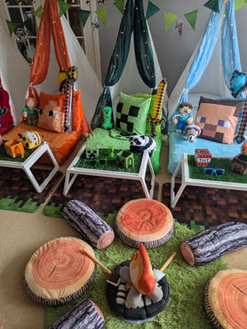 Minecraft sleepover parties setup with themed teepees