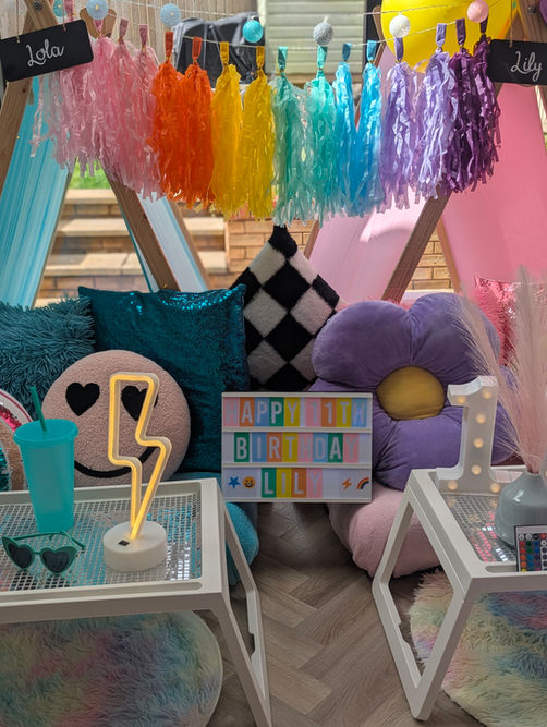 Indoor sleepover teepee parties Cardiff setup with rainbow tassels