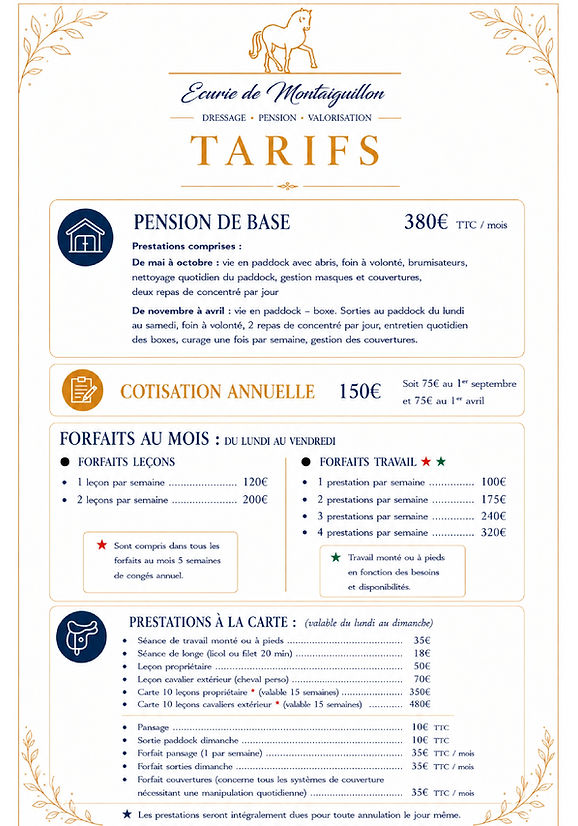 Tarifs de l'écurie de Montaguillon
