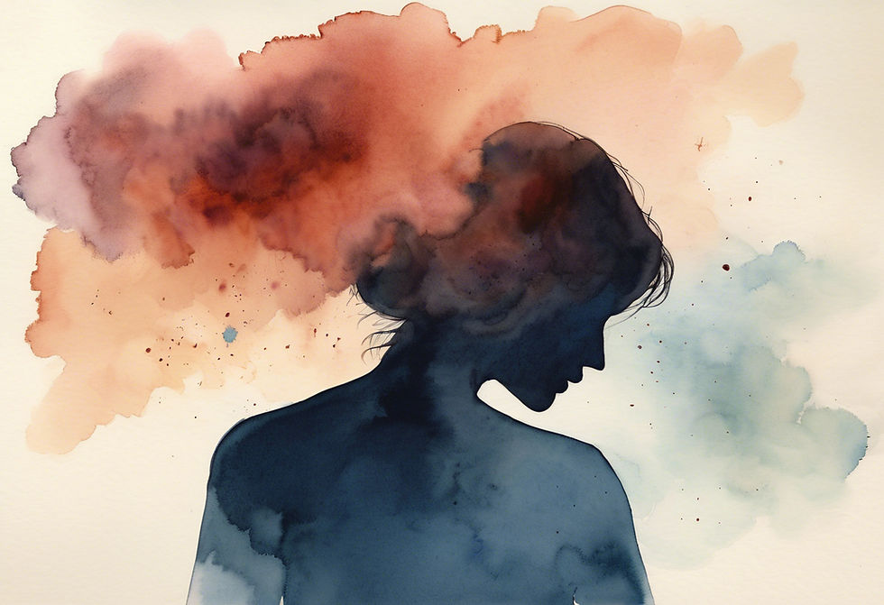 Decorative, watercolor silhouette of a woman looking down