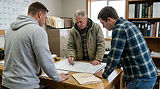 Opus Corp team reviewing blueprint in the South Burlington office