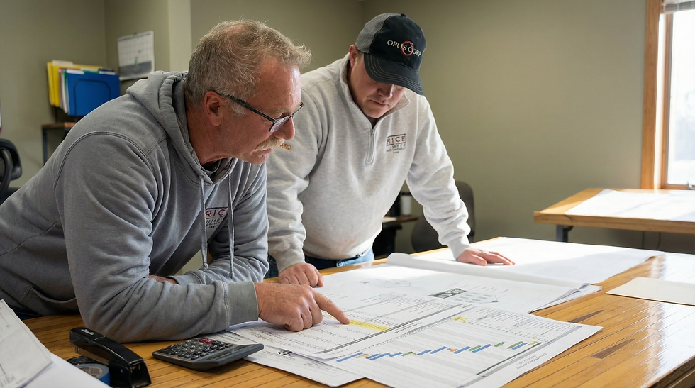 Opus Corp team members reviewing budget against building plans at the company office