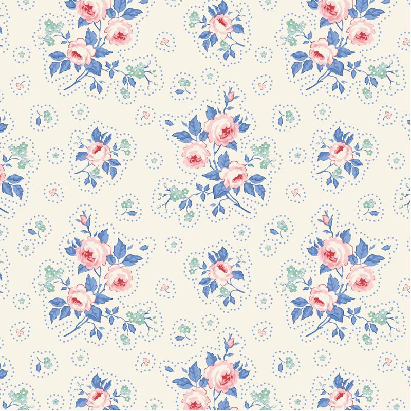 white fabric with blue and pink floral pattern