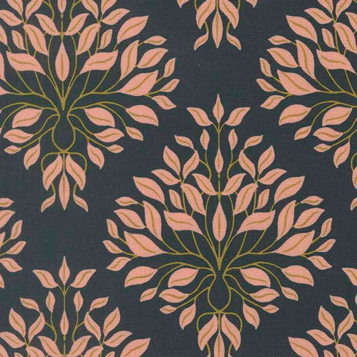 black fabric with botanical leaf pattern