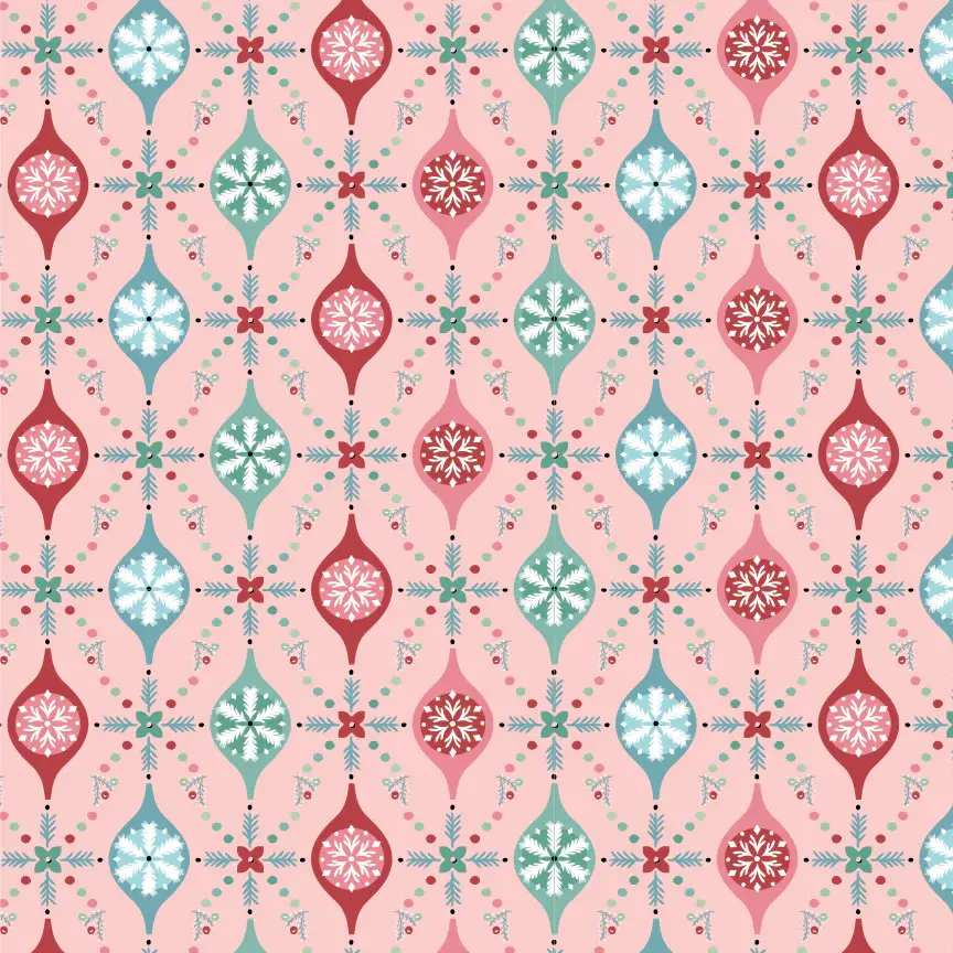 pink fabric with blue and pink bauble pattern
