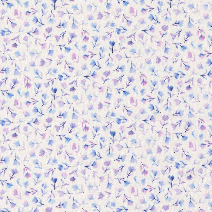 white fabric with blue and purple flower pattern