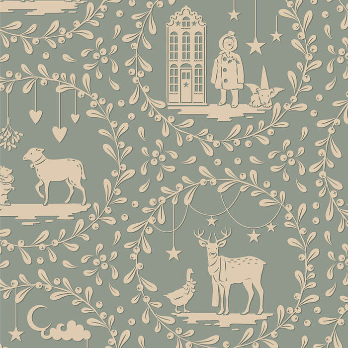light blue fabric with a cream festive pattern
