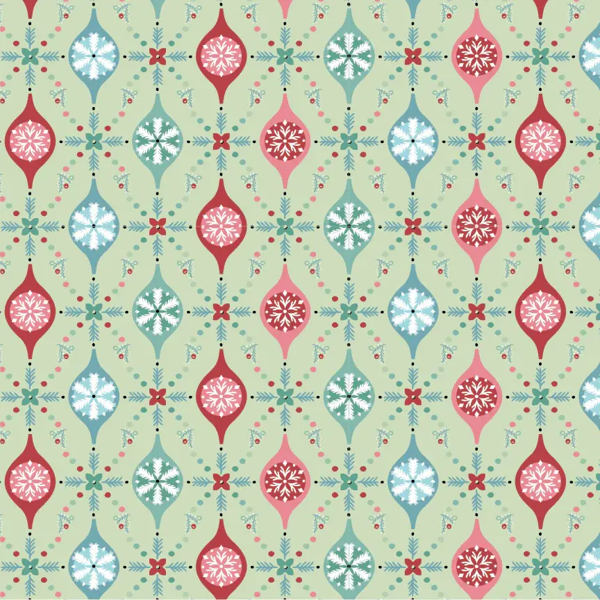 green fabric with pink and blue bauble pattern