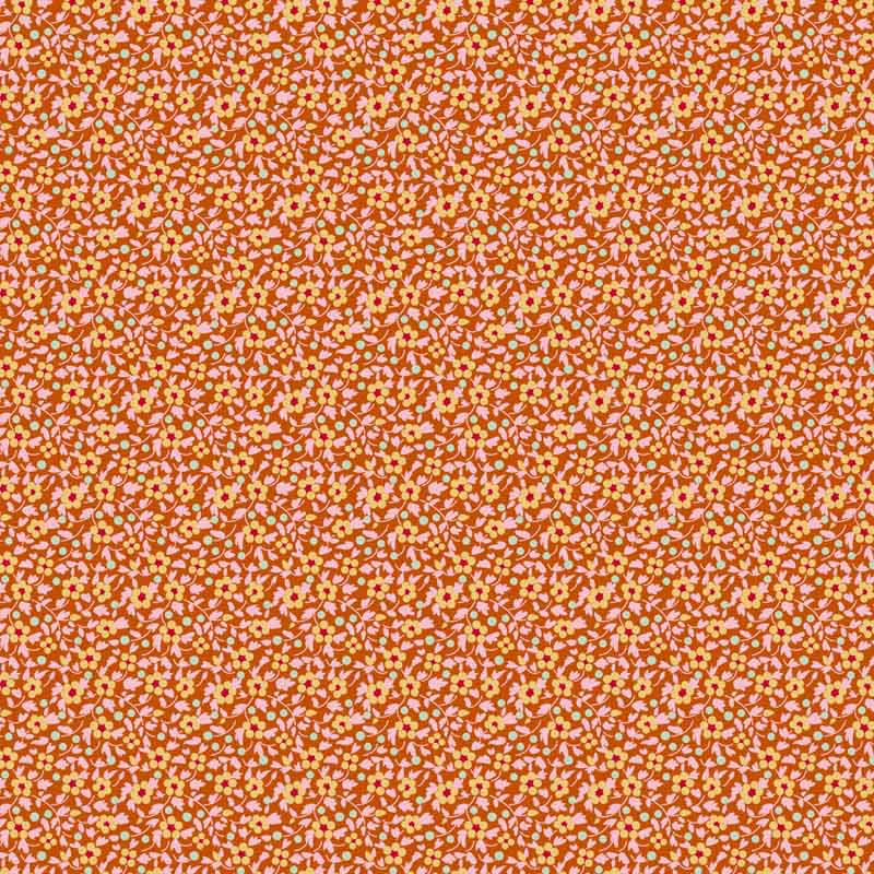orange fabric with small floral pattern