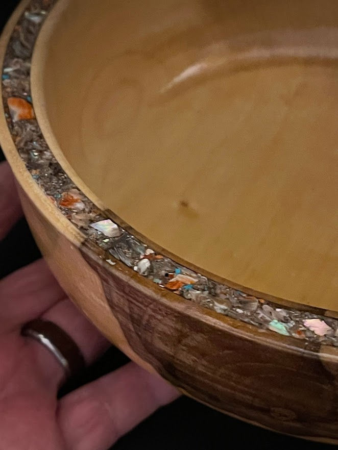 Thumbnail: Magnolia wood bowl with an Abalone shell inlay rim.
