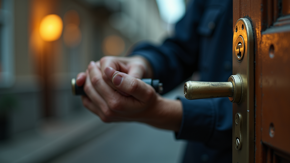 Eye-level view of a locksmith working on a door lock