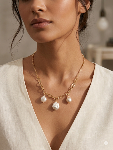 שרשרת פנינים טבעיות בציפוי זהב