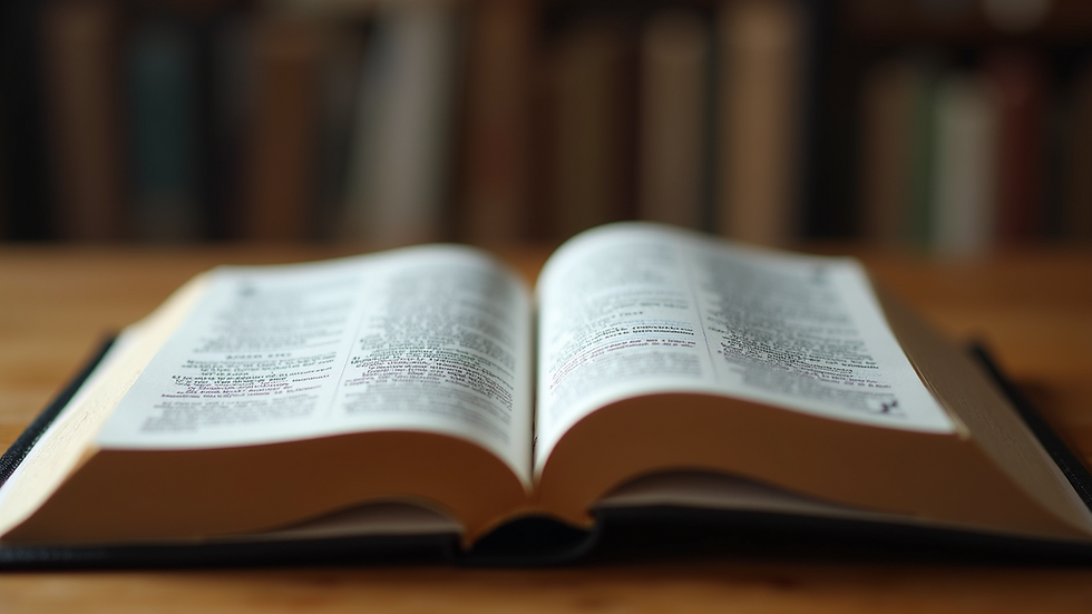 Eye-level view of a Bible open on a wooden table