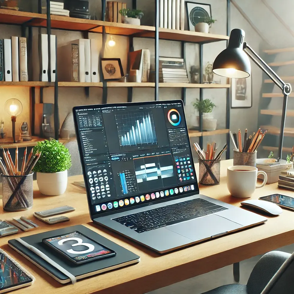 A clean, modern workspace setup with a laptop open to digital content creation software, digital tablets, notebooks, and a coffee cup. The scene includes a comfortable chair, desk, and shelves with books and plants in the background, creating a productive and inviting atmosphere.