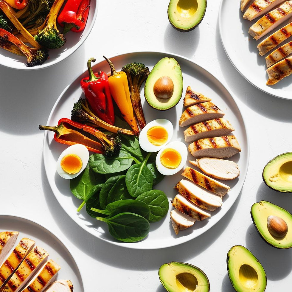 High-protein meal with chicken, eggs, vegetables and avocado