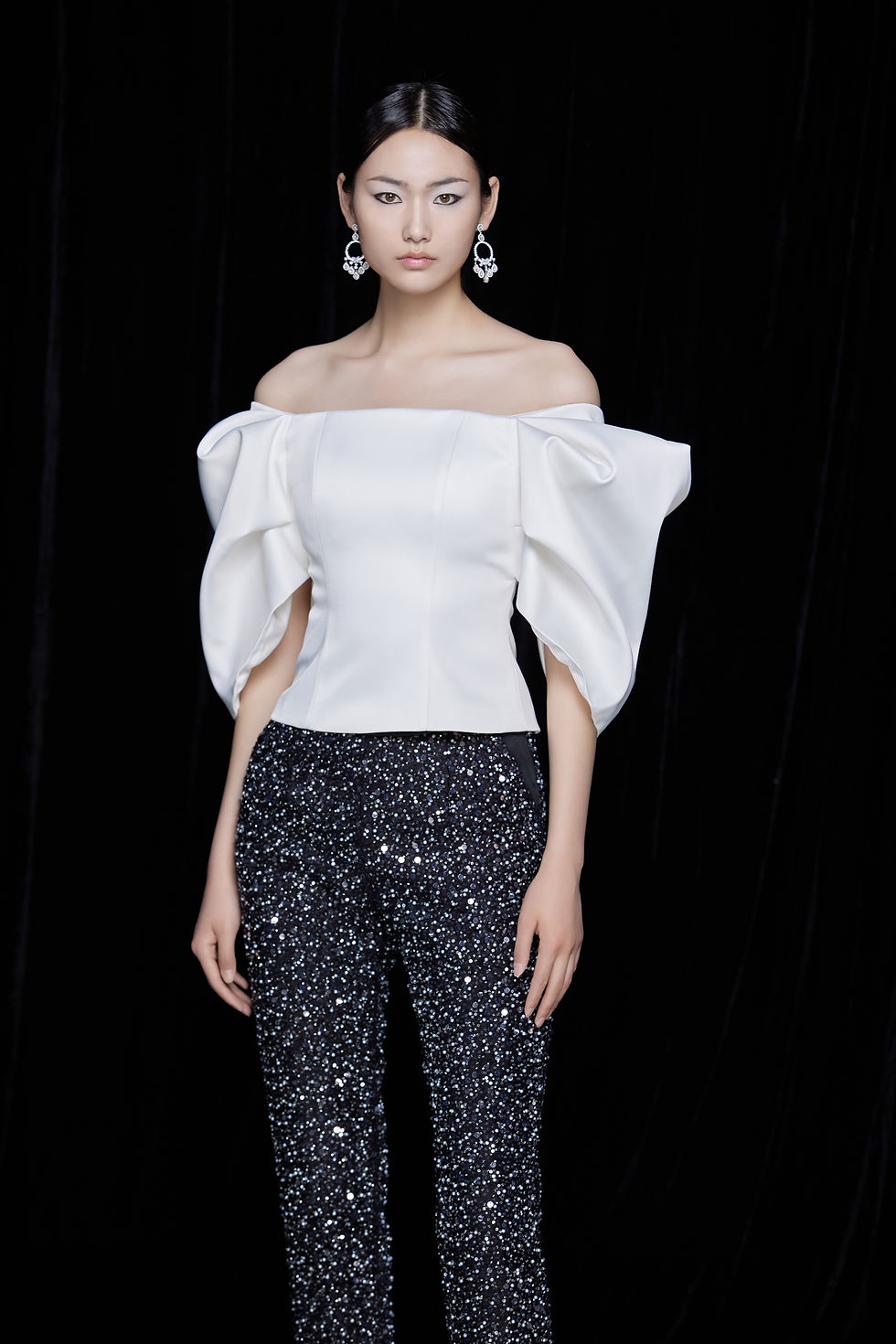 Structured Cut Satin Charmeuse Off-Shoulder Top