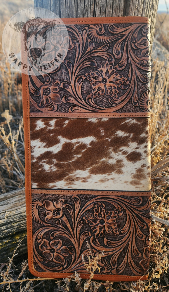 Thumbnail: Floral Handtooled Leather and Cowhide Jewelry Wallet