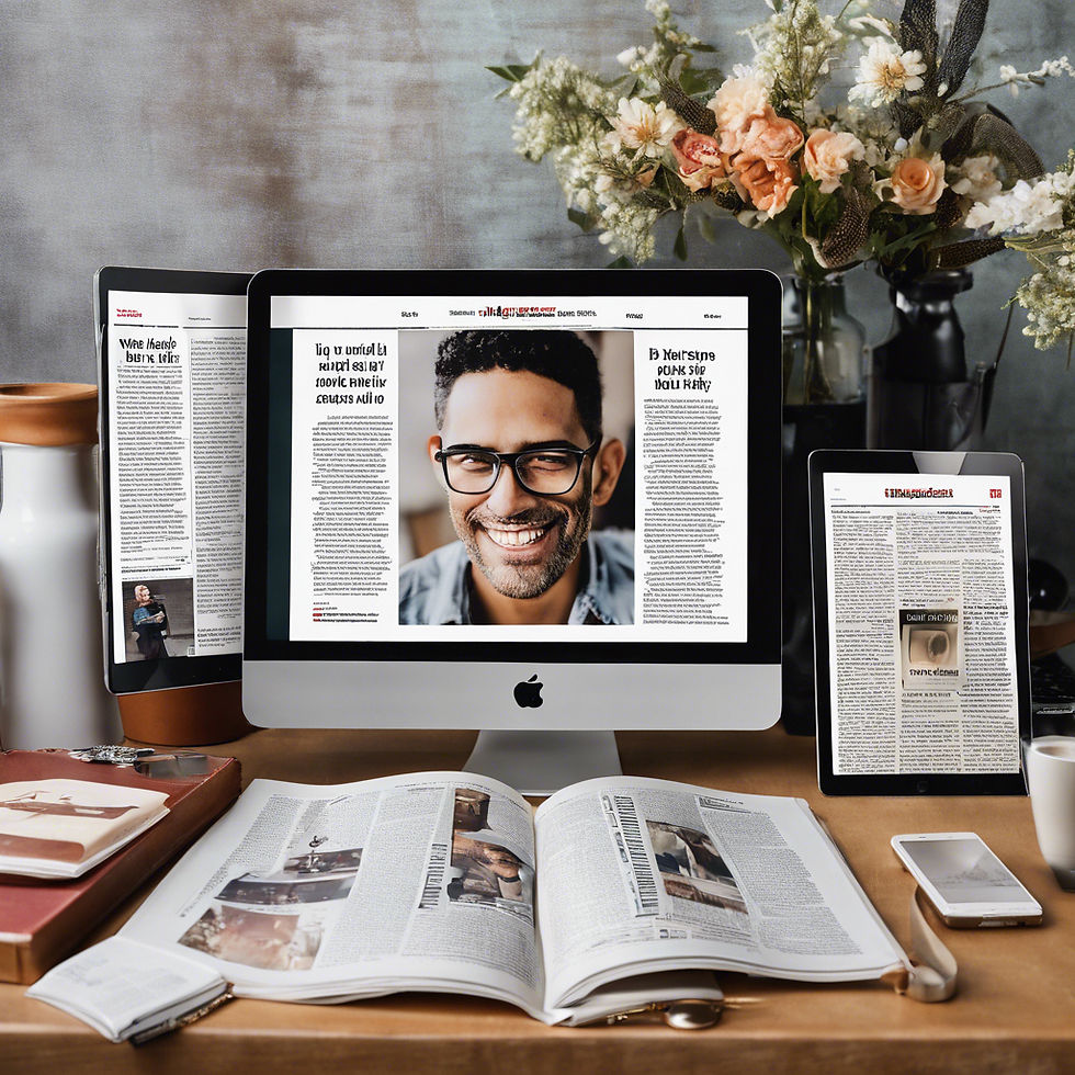 printed articles showing on devices spread out on a table. Share Your Story, Inspire Bold