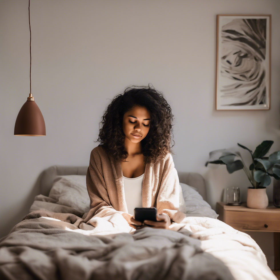 young brown skinned woman waking up to read from their phone in their bedroom.jpg