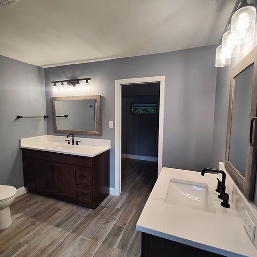 Bathroom remodel with two vanities and mirrors, flooring installation near me, donshomeimprovement.
