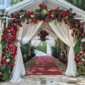 A luxurious wedding entrance featuring a grand archway decorated with red roses, white flowers, and greenery, framed by white drapery. A red carpet with scattered rose petals leads the way, creating an elegant and romantic atmosphere.
