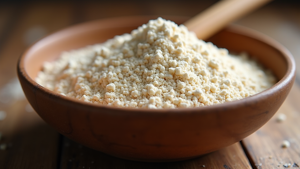 Eye-level view of a bowl of ragi flour with a wooden spoon