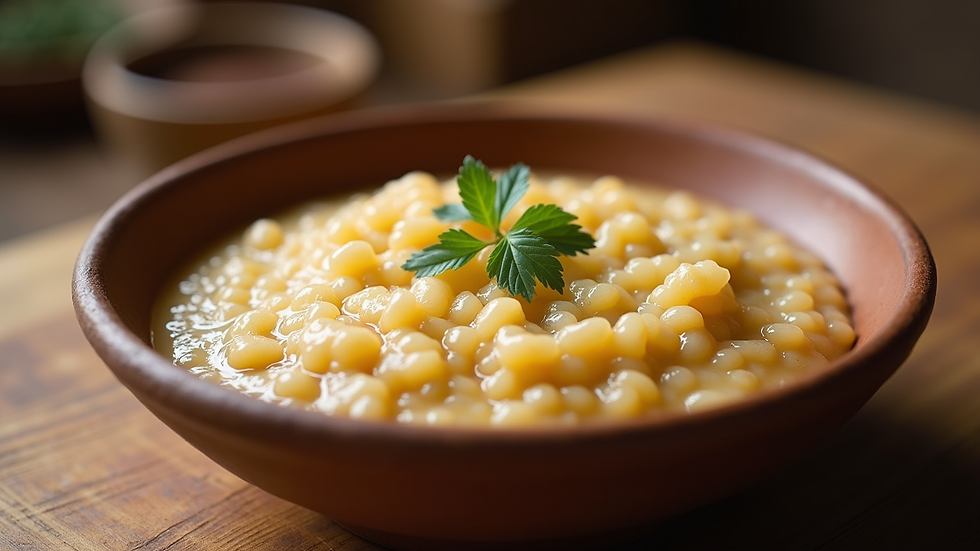 Eye-level view of finger millet porridge served in a traditional clay bowl