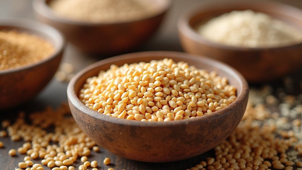 Close-up view of millet grains and bran in bowls