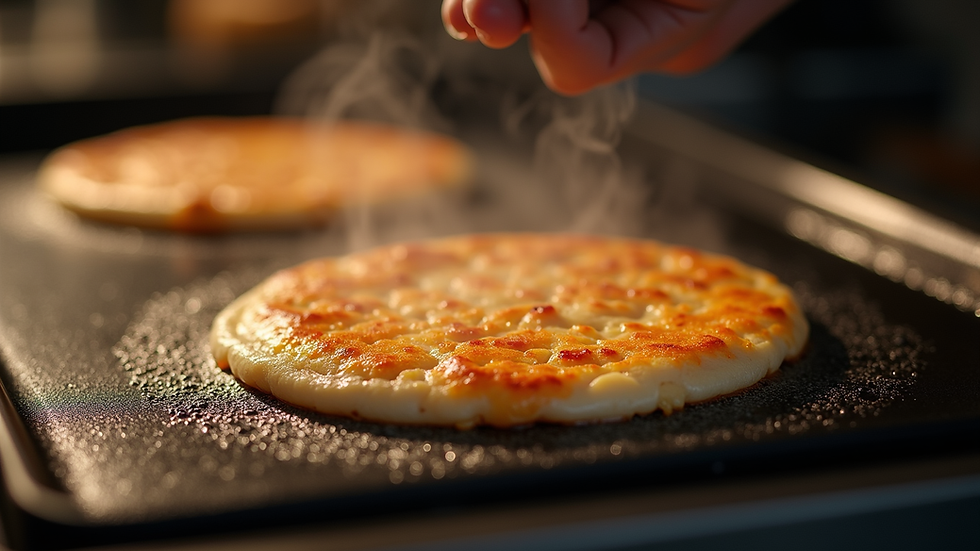Close-up view of a dosa being cooked on a hot griddle