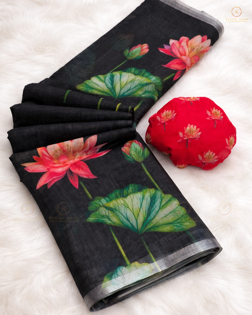 Thumbnail: Soft Linen Floral Digital Print Saree with Blouse