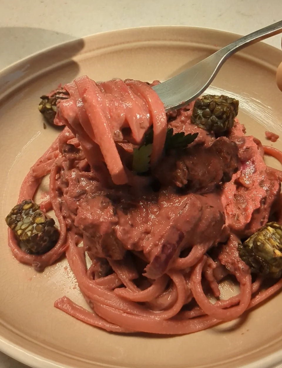 beetroot kimchi pasta with lentil tempeh