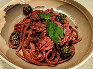 Creamy Beetroot Spaghetti with Kimchi and Lentil Tempeh