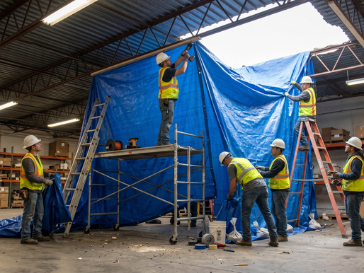 Interior shot of a commercial space or a crew doing an emergency tarping-patch.