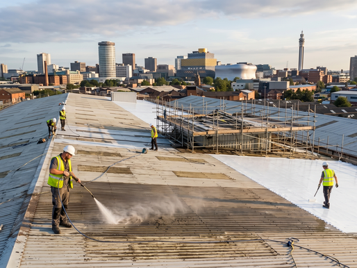 An elevated photograph capturing an active industrial roof restoration project in a city. On the left, two workers in high-vis vests power wash a dark, weathered section of the massive metal roof, creating a mist. On the right, two other workers use rollers to apply a bright white reflective coating, creating a stark contrast. In the background, there is scaffolding and a distant urban skyline with an observation tower under a golden hour sky.