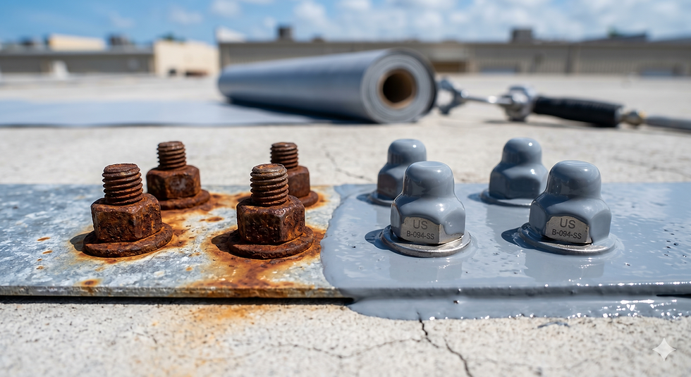Close up of rusted fasteners next to freshly coated-sealed fasteners.