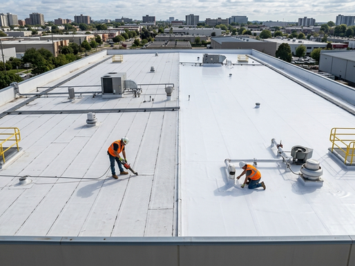 An elevated photograph of a large commercial flat roof split longitudinally to demonstrate the difference between TPO (left) and PVC (right) roofing membranes. The left side features the textured, matte finish of the TPO membrane with a worker heat-welding a seam. The right side shows the smoother, slightly more reflective PVC membrane with a second worker performing detailing work. Both sections show white, reflective surfaces and various rooftop equipment under a partially cloudy sky.