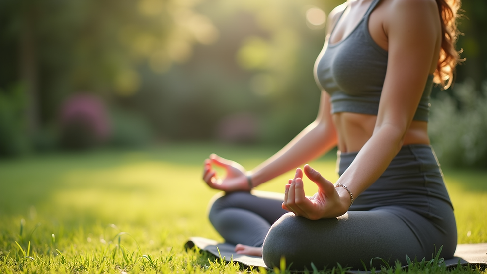 Close-up view of a woman practicing yoga in a serene garden