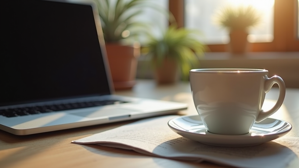 Eye-level view of a cozy home office setup with a laptop and a cup of tea