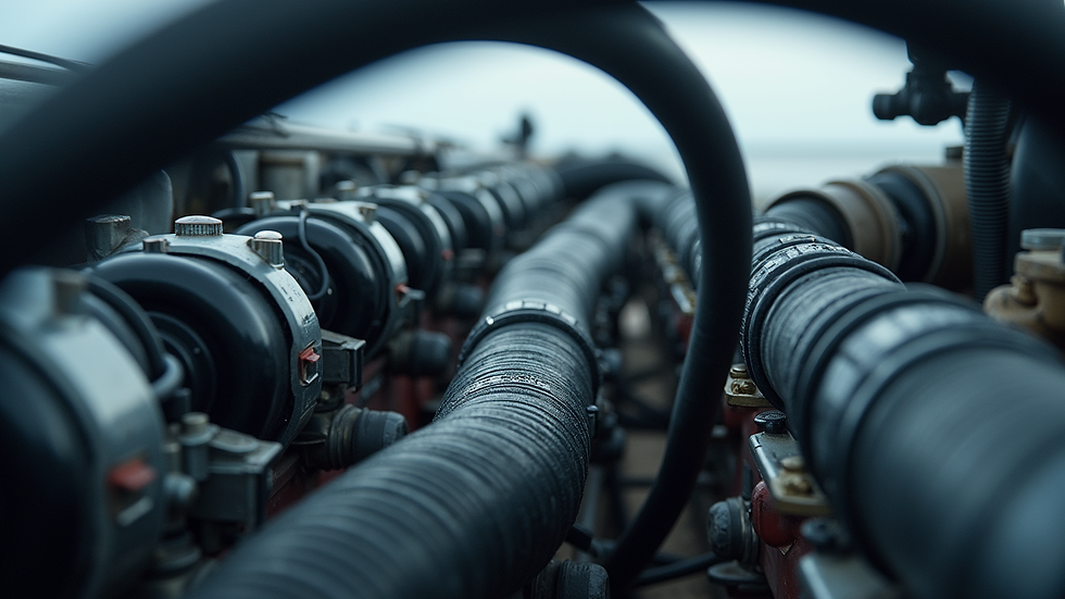Eye-level view of a boat engine cooling system with water hoses