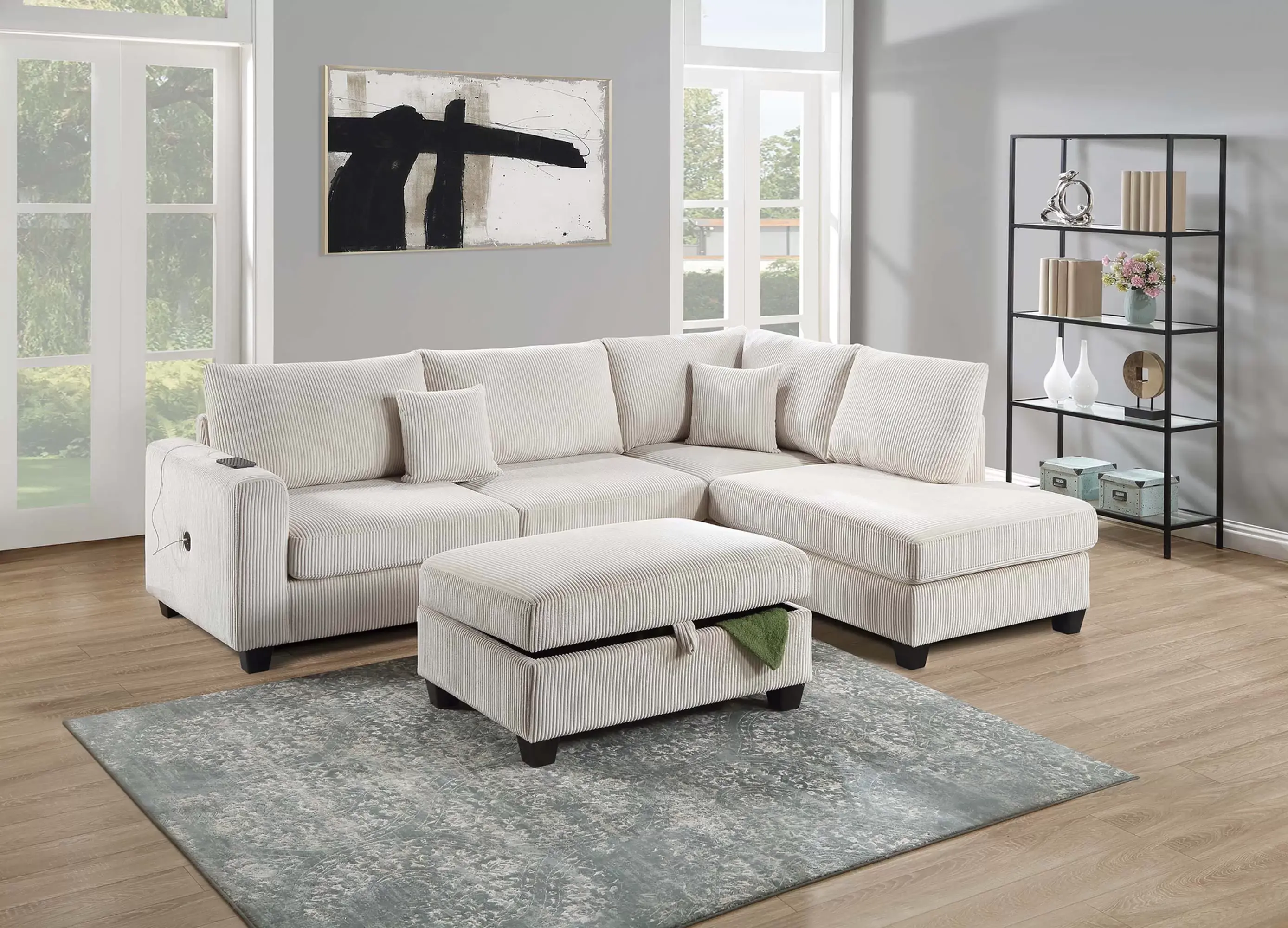 RAF Chaise + LAF Sofa W/ USB Port + Storage Ottoman