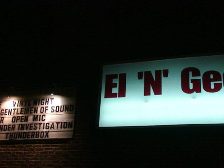 A sign of the El 'N' Gee in New London, Connecticut with the band Under Investigation on it. An image of the Hemlock Mouth Collective Show No Silence, No Permission at 33 Golden St. in New London, Connecticut and an image of the zine Unwritten, Unbroken: We Speak in Thunder Now. The submission poster for the Hemlock Mouth Collective.