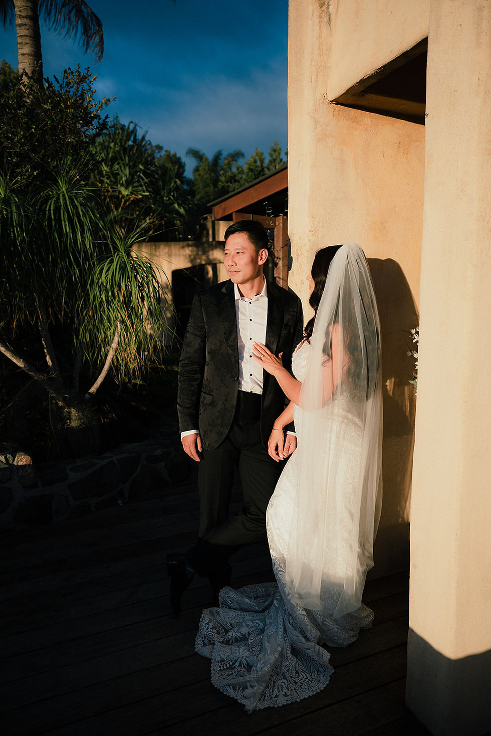 Luxury wedding couple enjoying an intimate moment on their beautifully planned wedding day