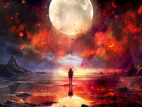 A lone figure stands by a reflective lake under a massive full moon, surrounded by red planets and cosmic clouds, evoking awe and wonder. There is a subtle light shining on the person.