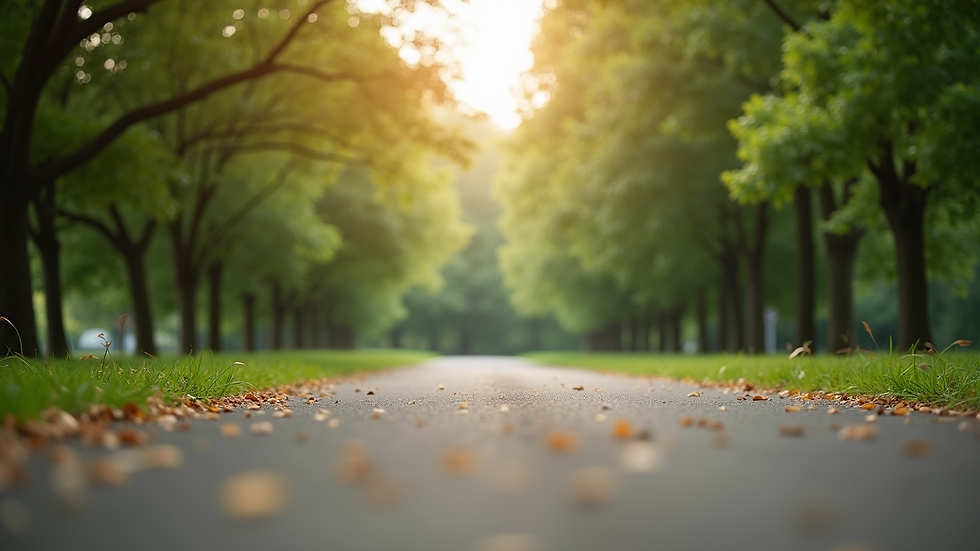 Eye-level view of a serene park with a walking path