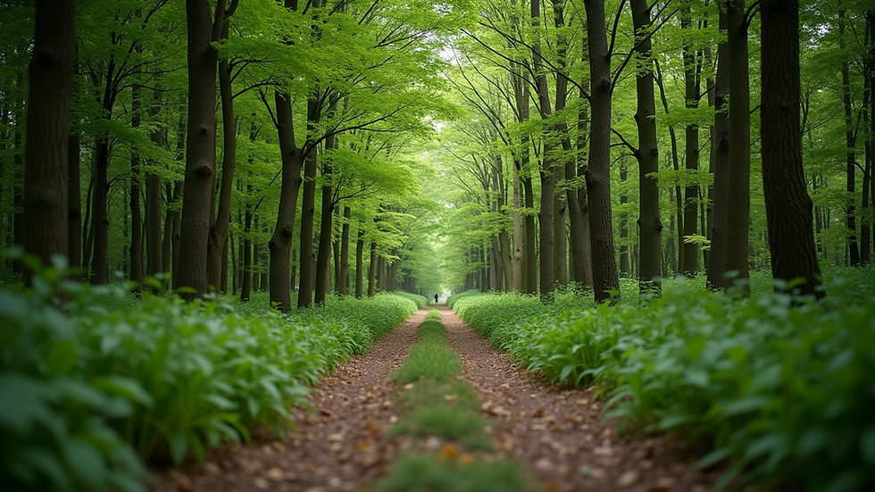 Eye-level view of a peaceful forest trail surrounded by green trees
