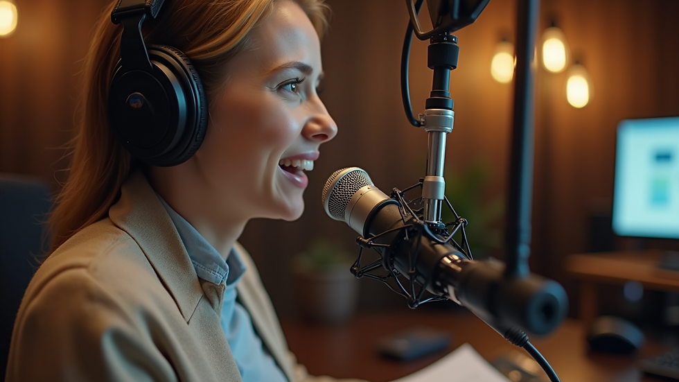 Close-up view of a radio host speaking into a microphone in a cozy studio